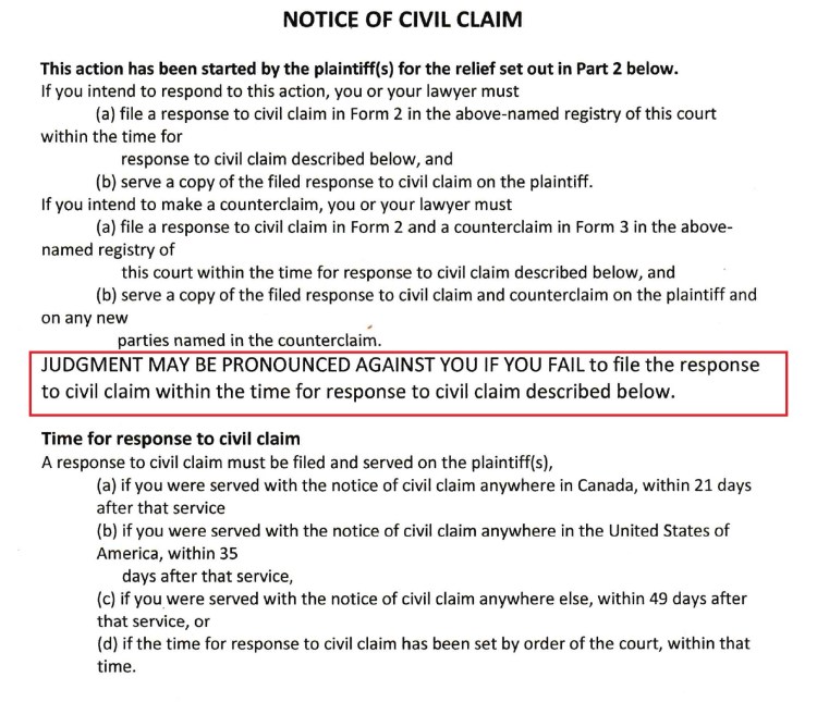 Notice of Civil Claim- front page