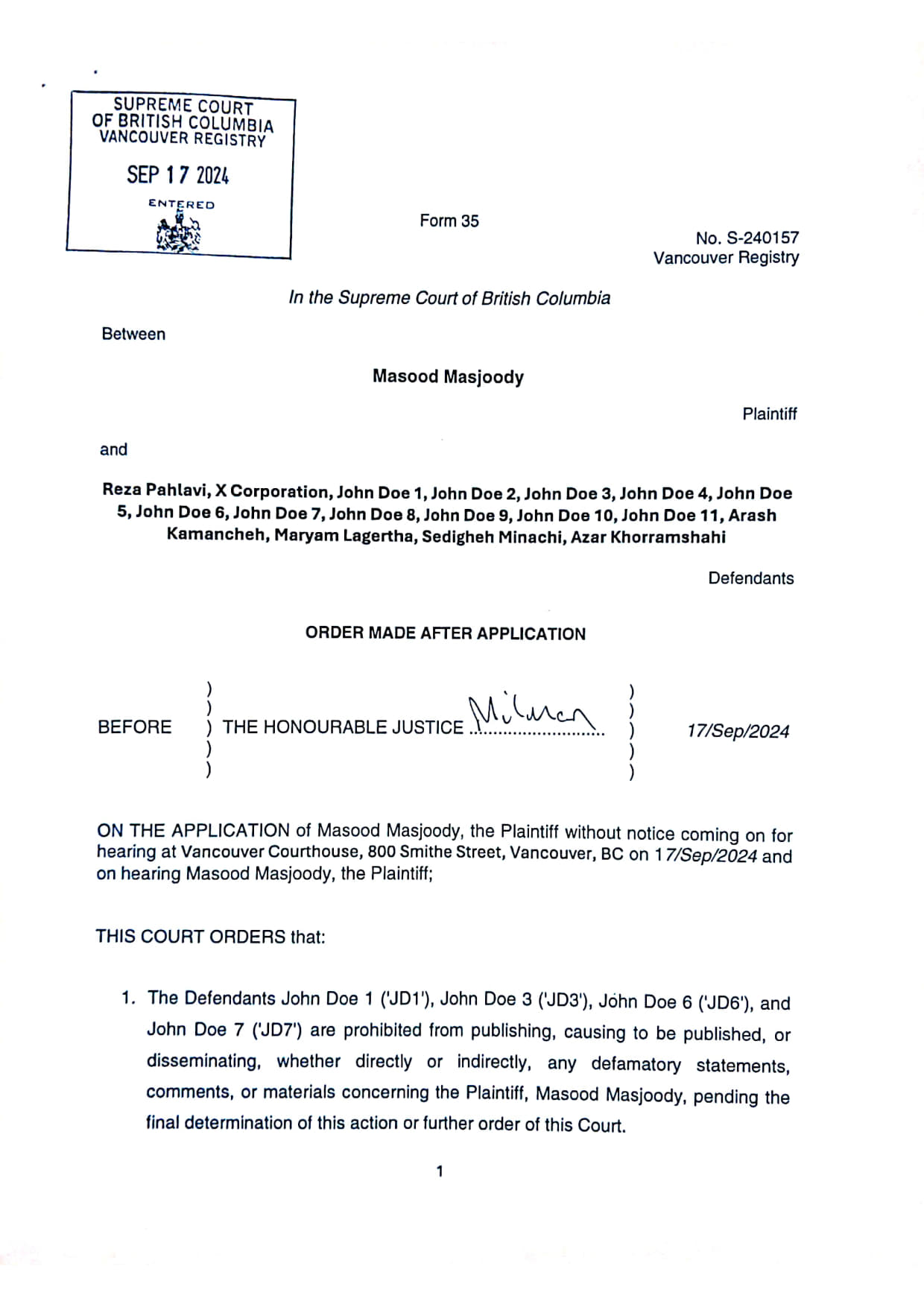 Order Made After Application Example Letters and Documents – Courts protecting Islamic terrorism